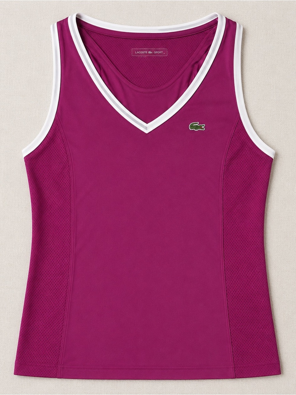 Lacoste Women's Raspberry V-Neck Athletic Tank with White Trim